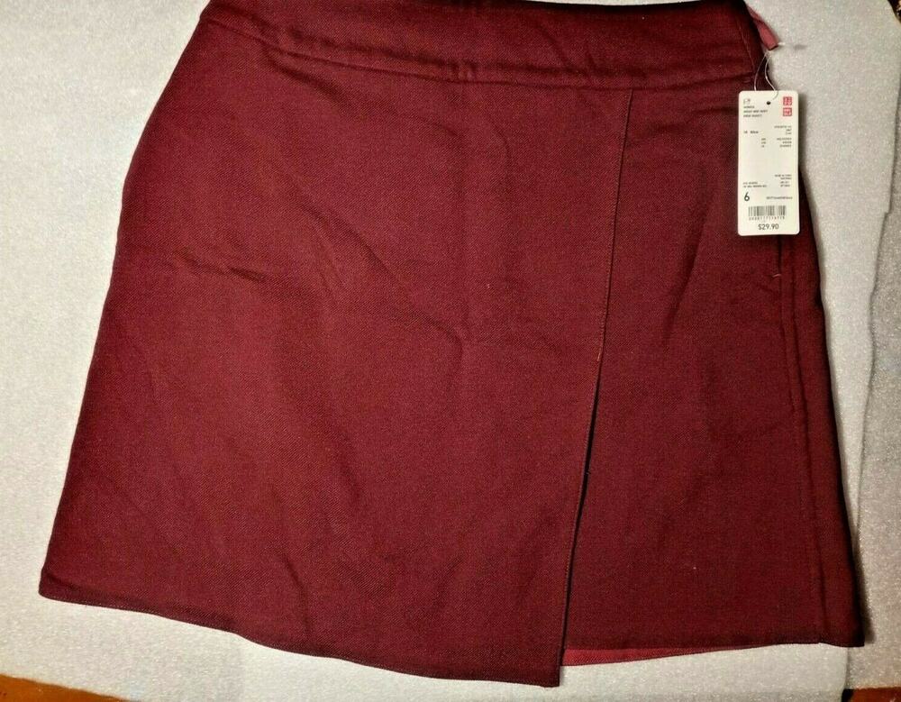 Uniqlo High Waist Faux Wrap Mini Skirt Women's Size 6 Wine Burgundy0